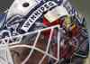 JOE BRYKSA / WINNIPEG FREE PRESS
Woo-hoo! On the mask worn by Jets prospect Juho Olkinuora, Homer Simpson is off to wreak havoc in his Porsche.