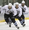 JOE BRYKSA / WINNIPEG FREE PRESS
Winnipeg Jets capitan Andrew Ladd, left, Jim Slater, and Evander Kane at practice at the MTS Iceplex Tuesday.