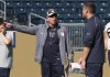 Joe Bryksa / Winnipeg Free Press
Blue Bombers head coach Tim Burke (left) has a discussion with defensive co-ordinator Casey Creehan during practice at Investors Group Field Wednesday.