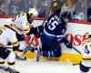 BORIS MINKEVICH / WINNIPEG FREE PRESS
Mark Scheifele goes hard into the boards during the first period of Thursday night's pre-season game against the Boston Bruins at the MTS Centre.