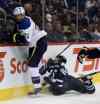 trevor hagan / winnipeg free press 
Jacob Trouba has not played since being carted off on a stretcher following this collision with the boards attempting to hit St. Louis Blues' Jordan Leopold at the MTS  Centre Oct. 18.