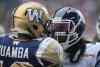 Trevor Hagan / Winnipeg Free Press
Winnipeg Blue Bombers' Henoc Muamba (10) and Toronto Argonauts' Jonathan Hood (41) get in each other's faces during the first half of CFL action at Investors Group Field Saturday.
