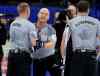 BORIS MINKEVICH / WINNIPEG FREE PRESS
Ryan Fry (centre) has a similar intensity to teammates Brad Jacobs (left) and E.J. Harnden, as was evident after their win over Kevin Martin Thursday.