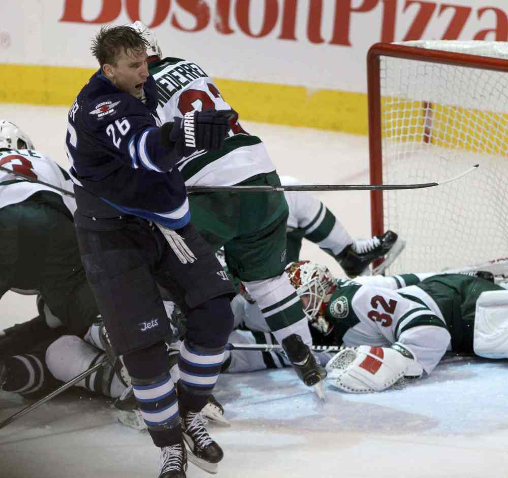 JOE BRYKSA / WINNIPEG FREE PRESS
Winnipeg Jets Blake Wheeler celebrates his game-winning goal in the third period.
