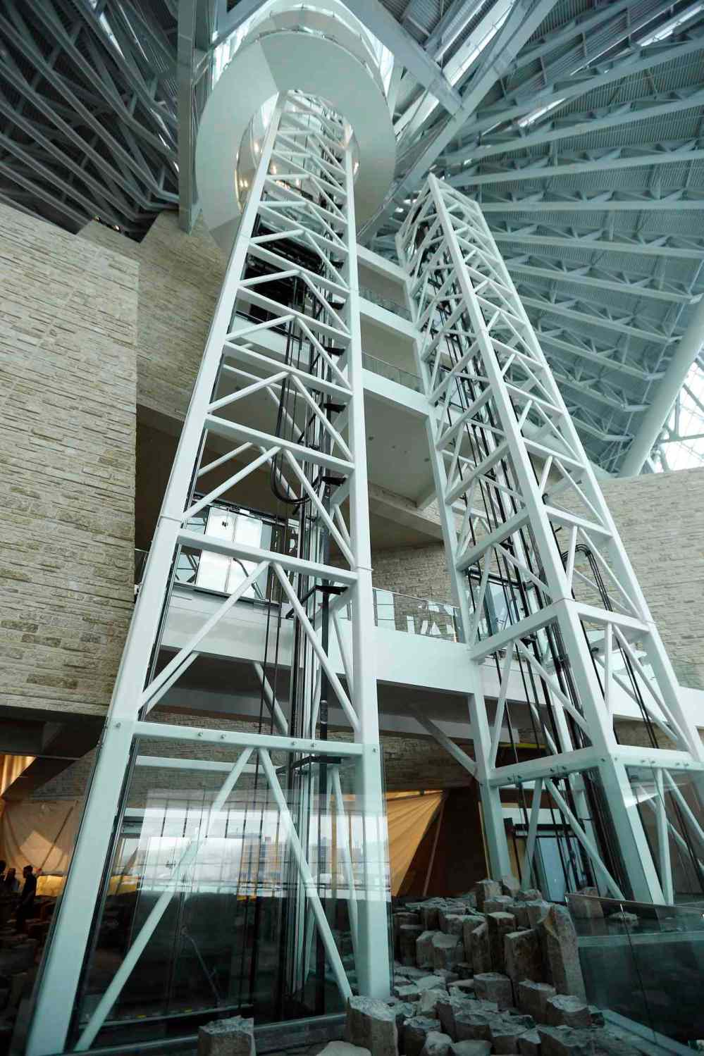KEN GIGLIOTTI / WINNIPEG FREE PRESS
Elevators take visitors to the various levels from the second level Garden of Contemplation in the Canadian Museum for Human Rights. The builders of the complex structure are almost finished and the preparations for the exhibits is about to start .
