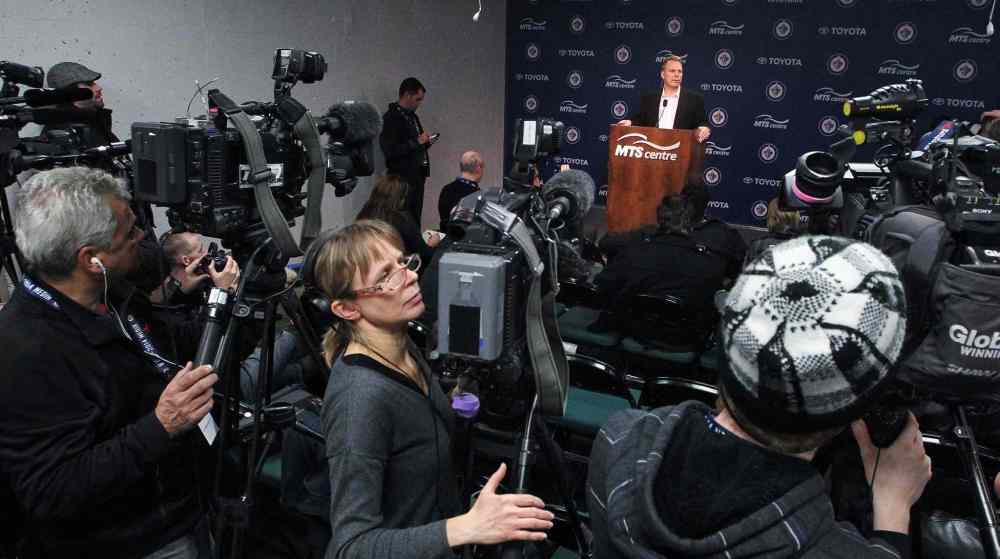 WINNIPEG FREE PRESS
Winnipeg Jets General Manager Kevin Cheveldayoff talks to the media about his decision to fire Head Coach Claude Noel and hire Paul Maurice as the new head coach. 140112 - January 12, 2014 MIKE DEAL / WINNIPEG FREE PRESS