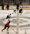 KEN GIGLIOTTI / WINNIPEG FREE PRESS
The team goes through a blue-line-to-blue-line drill at Wednesday's strenuous workout in the MTS Centre.