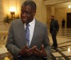 KEN GIGLIOTTI / WINNIPEG FREE PRESS
Dr. Denis Mukwege speaks at the Manitoba legislature surrounded by private security Monday.