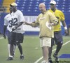 PHIL.HOSSACK@FREEPRESS.MB.CA
Bombers head coach Mike Kelly holds court with the offence during Friday's practice, and Fred Reid (left) and Michael Bishop (right) like what they hear.