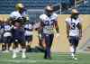 Jason Halstead / Winnipeg Free Press 
From left, Winnipeg Blue Bombers running back hopefuls Kevin Smith, Nic Grigsby and Paris Cotton strut their stuff at Investors Group Field on Thursday.