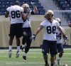 KEN GIGLIOTTI / WINNIPEG FREE PRESS
Dare we say it? The Blue Bombers are actually having fun this season. Brett Carter (centre) celebrates at TD at practice Tuesday.