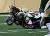 Phil Hossack / Winnipeg Free Press
Winnipeg returner Paris Cotton grimaces in pain after Deon Lacey's helmet-popping hit during a first-quarter kickoff return Thursday night.