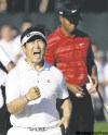 CHARLIE NEIBERGALL / THE ASSOCIATED PRESS
Y.E. Yang of South Korea celebrates his birdie putt that clinched the PGA Championship in front of heavily favoured Tiger Woods on Sunday.