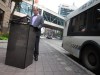 Phil Hossack / Winnipeg Free Press 
Gord Steeves stands near a bus stop in front of Portage Place Friday afternoon to pledge measures to improve downtown safety.