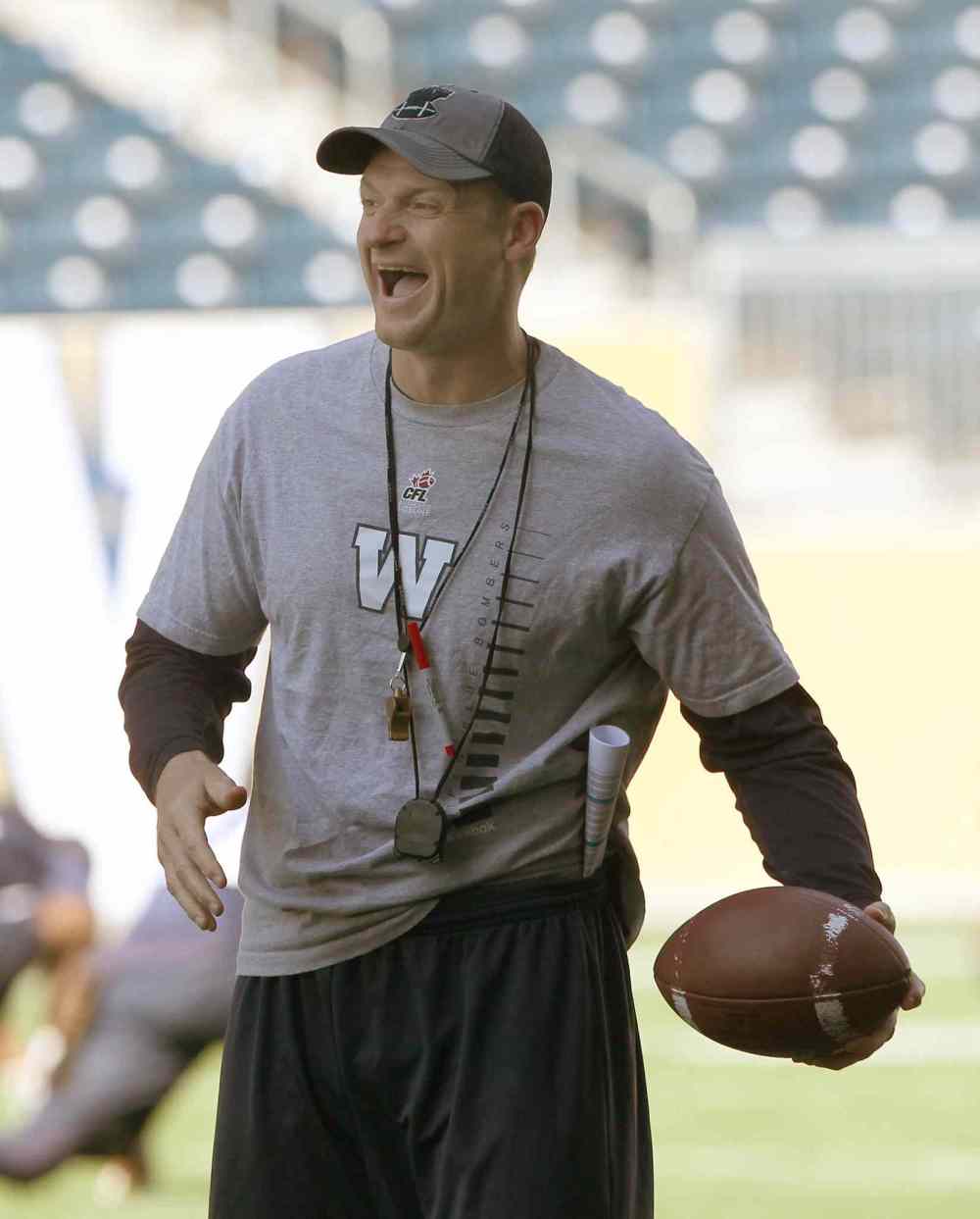 JOE BRYKSA / WINNIPEG FREE PRESS
Winnipeg Blue Bombers head coach Mike O'Shea all smiles at practice at Investors Group Field Wednesday. The team is in preparation for the Labour Day Classic in Regina this Sunday against the Saskatchewan Roughriders.