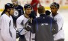 KEN GIGLIOTTI / WINNIPEG FREE PRESS 
The Jets' newest line, (from left) Blake Wheeler, Mark Scheifele and Evander Kane listen as coach Paul Maurice lays down some instructions Tuesday.