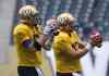 JOE BRYKSA / WINNIPEG FREE PRESS
Winnipeg Blue Bombers quarterback Drew Willy, left, and Brian Brohm at practice this afternoon at Investors Group Field.