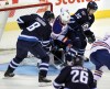 Phil Hossack / Winnipeg Free Press
Edmonton Oilers centre Jordan Eberle (14) finds the Winnipeg Jets crease a little crowded Wednesday evening at the MTS Centre. Jets defencemen Jacob Trouba (8) and Josh Morrissey (36) tie him up in front of goalie Michael Hutchinson.