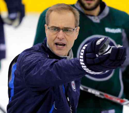BORIS MINKEVICH / WINNIPEG FREE PRESS
Winnipeg Jets coach Paul Maurice in practice this morning at the MTS Centre.
