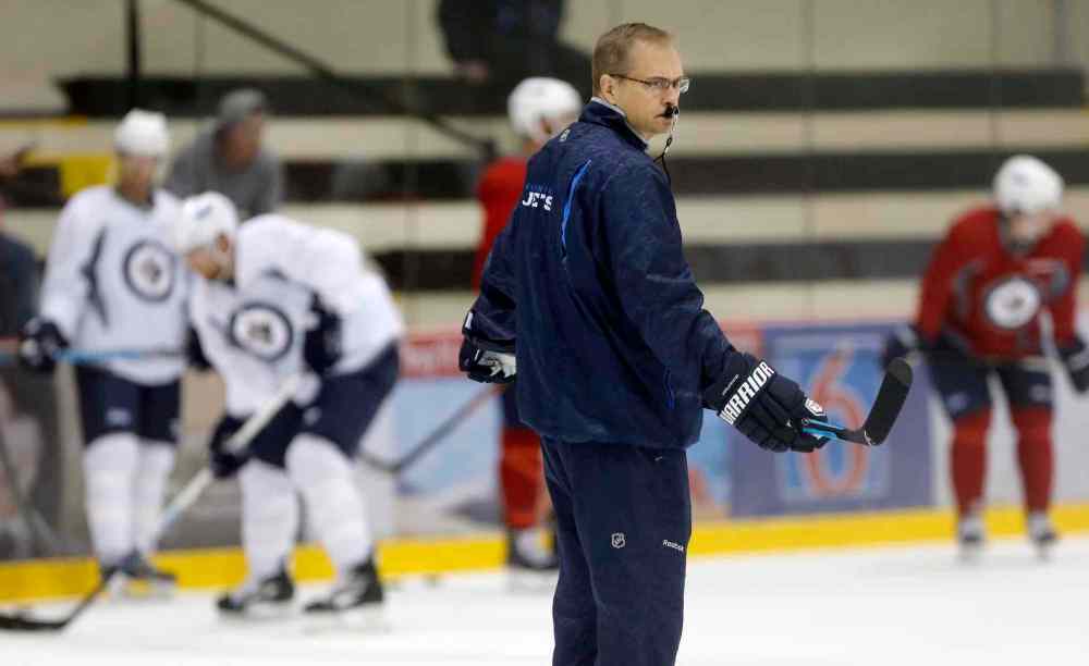 KEN GIGLIOTTI / WINNIPEG FREE PRESS
Winnipeg Jets Coach Paul Maurice puts players through their paces at the MTS Iceplex Wednesday as the Winnipeg Jets prepare for their season opener in Arizona Thursday.