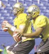 JOE.BRYKSA@FREEPRESS.MB.CA
Blue Bomber quarterbacks Casey Bramlet, left, and Michael Bishop share the practice field Thursday.