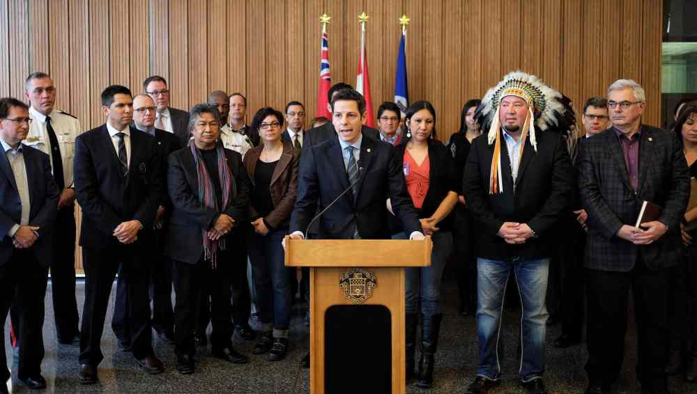 Mike Deal / Winnipeg Free Press
Mayor Brian Bowman addresses the media regarding racism in Winnipeg. He was joined by members from across the community including; Grand Chief Derek Nepinak, Assembly of Manitoba Chiefs, Jamie Wilson, Treaty Commissioner, Treaty Relations Commission of Manitoba, Police Chief Devon Clunis, President and Vice-Chancellor of the University of Manitoba, Dr. Annette Trimbee, President and Vice Chancellor at the University of Winnipeg, Michael Champagne and Althea Guiboche amongst others.