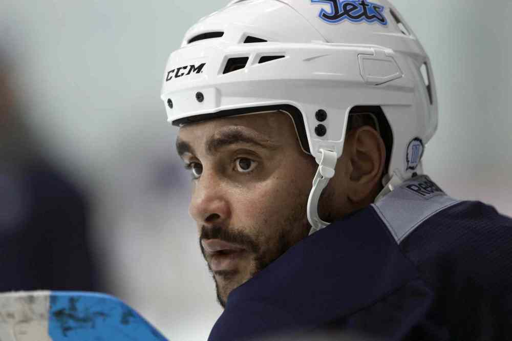 JOE BRYKSA / WINNIPEG FREE PRESS
The versatile Dustin Byfuglien will be patrolling right wing again tonight after Winnipeg’s most recent injury woes.