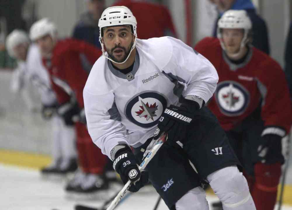JOE BRYKSA / WINNIPEG FREE PRESS
Dustin Byfuglien practised as a winger this morning at the Jets practice at the MTS Iceplex.