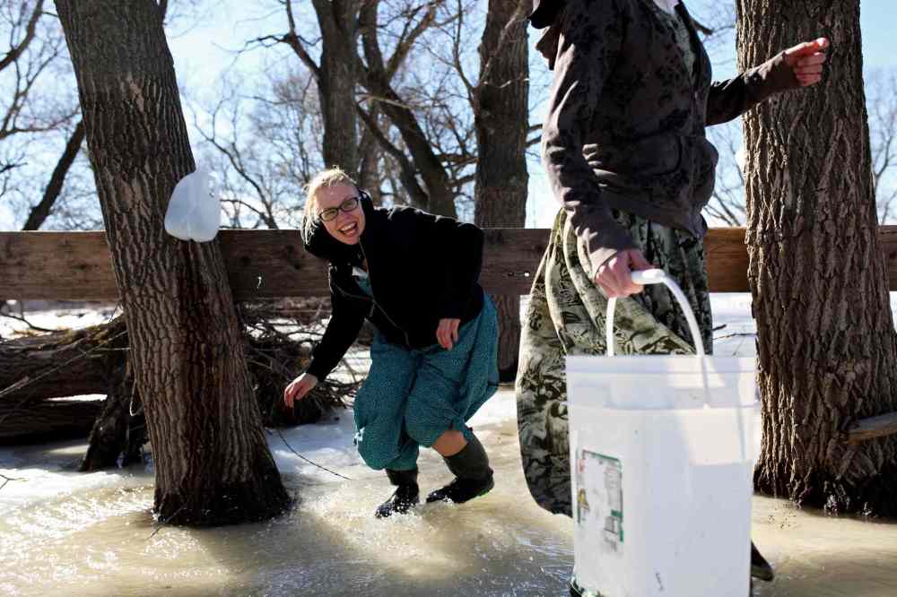 Tim Smith / Brandon Sun files
Leane Wurtz laughs while climbing under a fence during the maple sap collection at Deerboine Hutterite Colony north of Alexander,