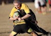John Woods / Winnipeg Free Press
Flanker Ron Enberg takes a hit in practice on Monday.