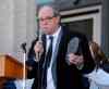 Boris Minkevich / Winnipeg Free PRess 
Manitoba Finance Minister Greg Dewar, shown here addressing a rally by anti-poverty advocates at the provincial Legislative Building on Thursday.