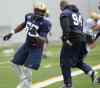 PHIL HOSSACK / WINNIPEG FREE PRESS
Winnipeg Blue Bombers No. 55 Jamaal Westerman (left) and No. 94 Deantre Harian run plays at a team workout.
