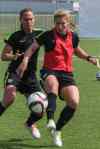MIKE DEAL / WINNIPEG FREE PRESS
Lori Chalupny (in red) and Christie Rampone (behind) from team USA practice at the Waverly Soccer Complex Tuesday morning.