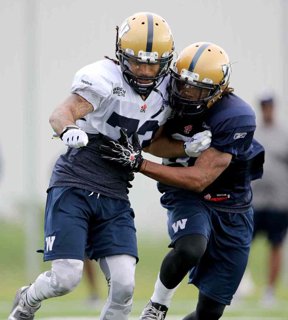 Trevor Hagan / Winnipeg Free Press
Winnipeg Blue Bombers' Justin Veltung (73) and Shaquille Richardson (0), during practice at the University of Manitoba, Saturday, June 13, 2015.