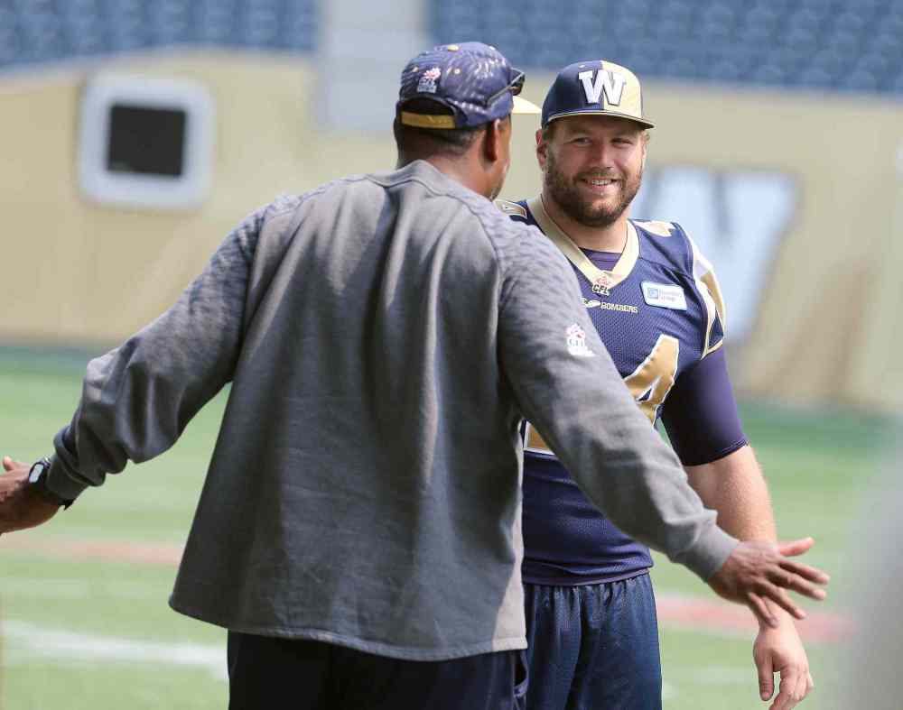 Jason Halstead / Winnipeg Free Press
Winnipeg Blue Bombers DT Zach Anderson works with a coach during football practice at Investors Group Field Wednesday