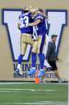 Winnipeg Blue Bombers' Julian Feoli-Gudino (83) and Rory Kohlert (87) celebrate after Feoli-Gudino scored a touchdown against the Saskatchewan Roughriders. (Trevor Hagan / Winnipeg Free Press)