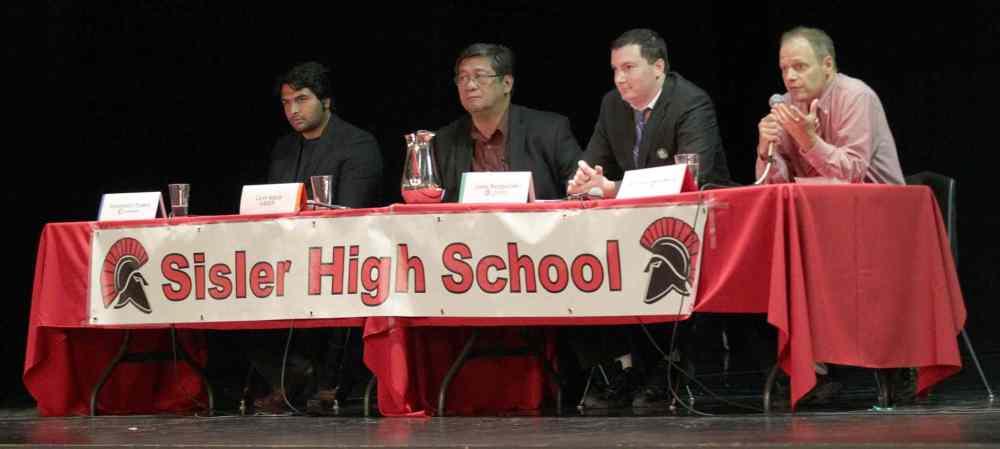 PHIL HOSSACK / WINNIPEG FREE PRESS
All Candidates debate at Sisler High Thursday afternoon, left to right, Harpreet Turka (Conservative), Levy Abad (NDP), John Redekopp (Green) and Kevin Lamoureaux (Liberal).