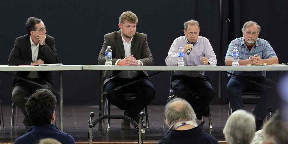 PHIL HOSSACK / WINNIPEG FREE PRESS
Left to right, Andrew Park (Green), Daniele Blaikie (NDP) Kevin Lamoureaux (Liberal) and Darrell Rankin (Communist).