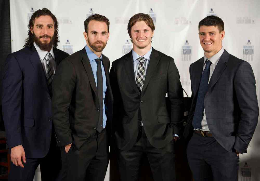 DAVID LIPNOWSKI / WINNIPEG FREE PRESS
Chris Thorburn (left to right), Andrew Ladd, Jacob Trouba and Mark Scheifele are gung-ho for the Dec. 8 show, which will take place at the RBC Convention Centre.