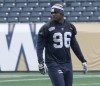JOE BRYKSA / WINNIPEG FREE PRESS
Winnipeg Blue Bombers Leon Mackey on the soggy practice field at Investors Group Field in Winnipeg late Friday morning.