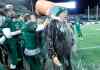 Phil Hossack / Winnipeg Free Press
Vincent Massey Trojan Head Coach Kelsey McKay gets the traditional soaking from his team as they defeated St Pauls Crusaders at the Investor's Group Stadium Friday night.
