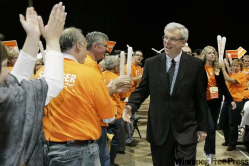 JOHN WOODS / THE CANADIAN PRESS
Greg Selinger greets delegates to the NDP's leadership convention, where he was elected as new head of the party Saturday afternoon.