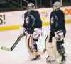 JOE BRYKSA / WINNIPEG FREE PRESS
Winnipeg Jets Ondrej Pavelec, left, chats with goaltender Connor Hellebuyck  during practice Wednesday.