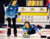 BORIS MINKEVICH / WINNIPEG FREE PRESS
Skip Mackenzie Zacharias, right,  and her 14-year-old little sister Emily, at the 4:30 draw at Sun Gro Centre for The Scotties Tournament of Hearts Thursday evening.