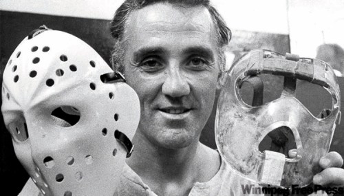 CP PHOTO
Groundbreaking goalie Jacques Plante with two of his masks.