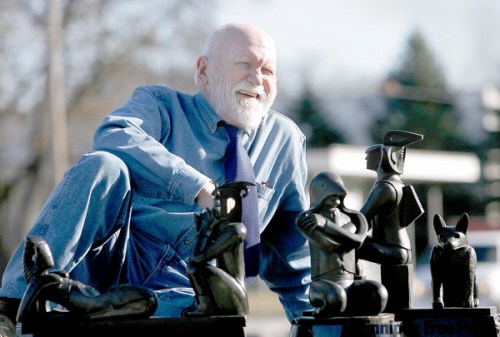 RUTH.BONNEVILLE@FREEPRESS.MB.CA
Ivan Eyre sits with smaller versions of bronze sculptures that will be featured in a sculpture garden in Toronto. Two of the statues will remain in Winnipeg, for now.