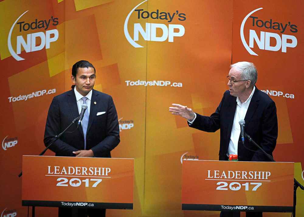 PHIL HOSSACK / WINNIPEG FREE PRESS FILES
Wab Kinew, left and Steve Ashton at a provincial NDP Leadership Forum. The party is charging the highest fees of any in Manitoba for its members to attend a Sept. 16 leadership convention.
