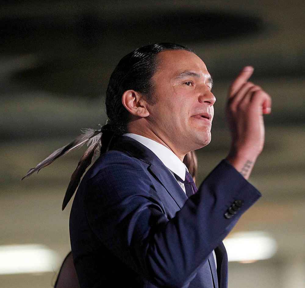 PHIL HOSSACK / WINNIPEG FREE PRESS
Wab Kinew delivers a speech on his way to winning the leadership of the provincial NDP Saturday.