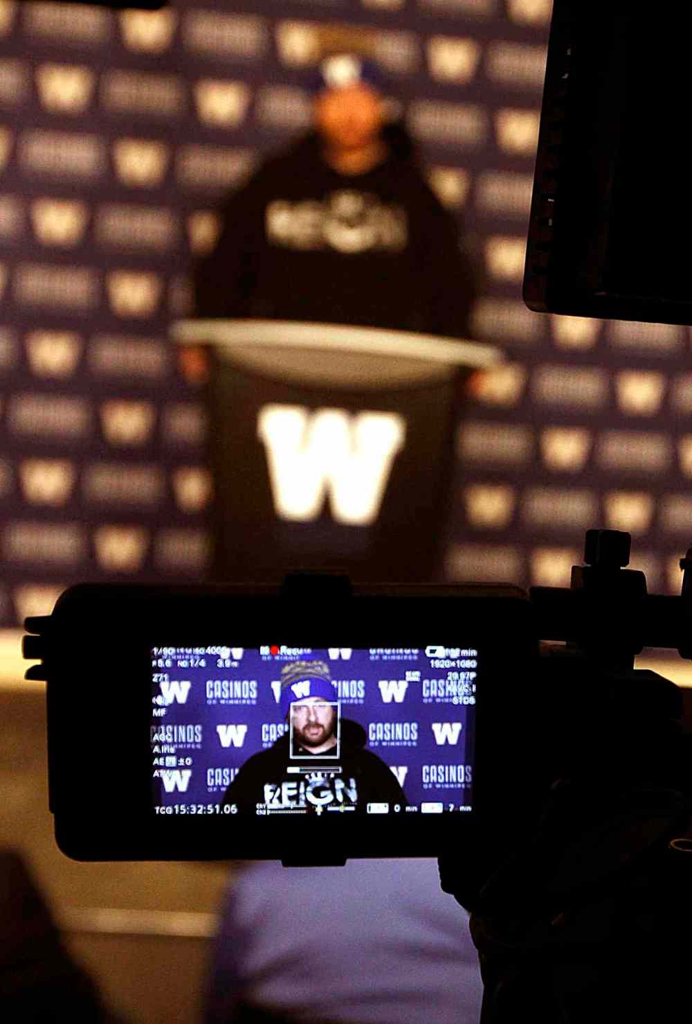 PHIL HOSSACK / WINNIPEG FREE PRESS  - Winnipeg Blue Bomber QB Matt Nichols speaks at a press conference Monday morning the day after......- Jeff Hamilton story. - November 13, 2017