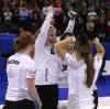 Jason Halstead / Winnipeg Free Press
From left: Dawn McEwen, Jennifer Jones, Jill Officer and Kaitlyn Lawes celebrate after defeating Sherry Middaugh 8-4 in the women's final of Roar of the Rings Olympic curling trials at the MTS Centre Saturday night.